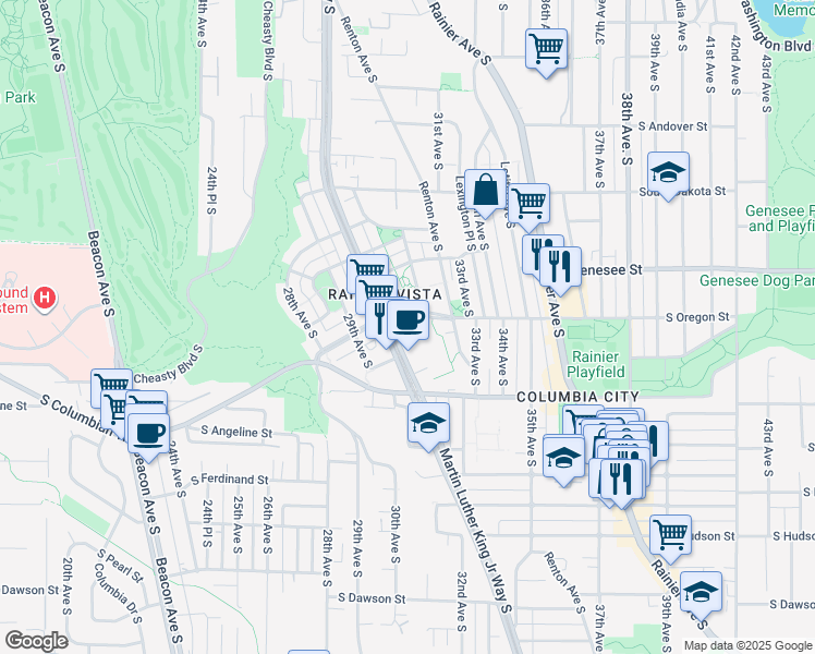 map of restaurants, bars, coffee shops, grocery stores, and more near 4560 Martin Luther King Junior Way South in Seattle