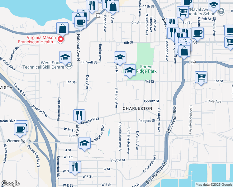 map of restaurants, bars, coffee shops, grocery stores, and more near in Bremerton