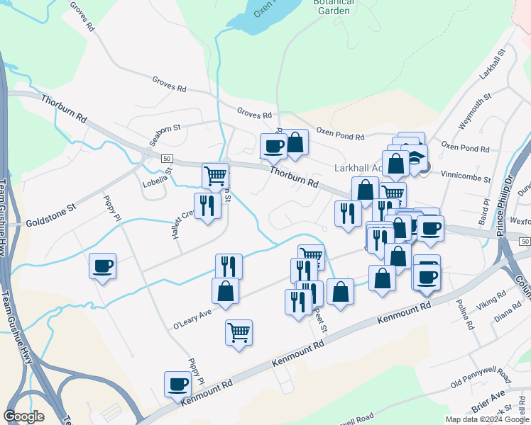map of restaurants, bars, coffee shops, grocery stores, and more near 99 Moss Heather Drive in Saint John's