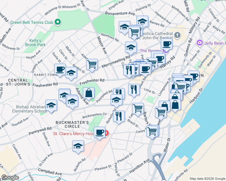 map of restaurants, bars, coffee shops, grocery stores, and more near 4 Franklyn Avenue in St. John's