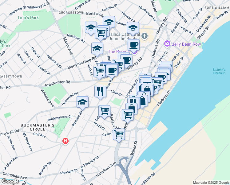 map of restaurants, bars, coffee shops, grocery stores, and more near Lime Street in St. John's