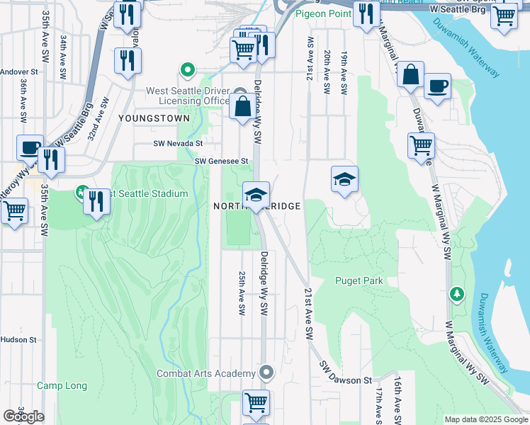map of restaurants, bars, coffee shops, grocery stores, and more near 4534 Delridge Way Southwest in Seattle