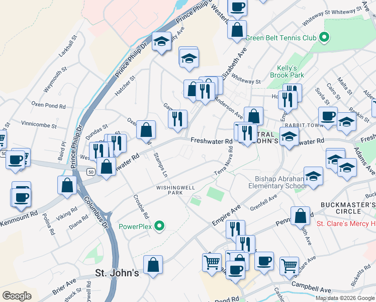 map of restaurants, bars, coffee shops, grocery stores, and more near 279 Freshwater Road in St. John's