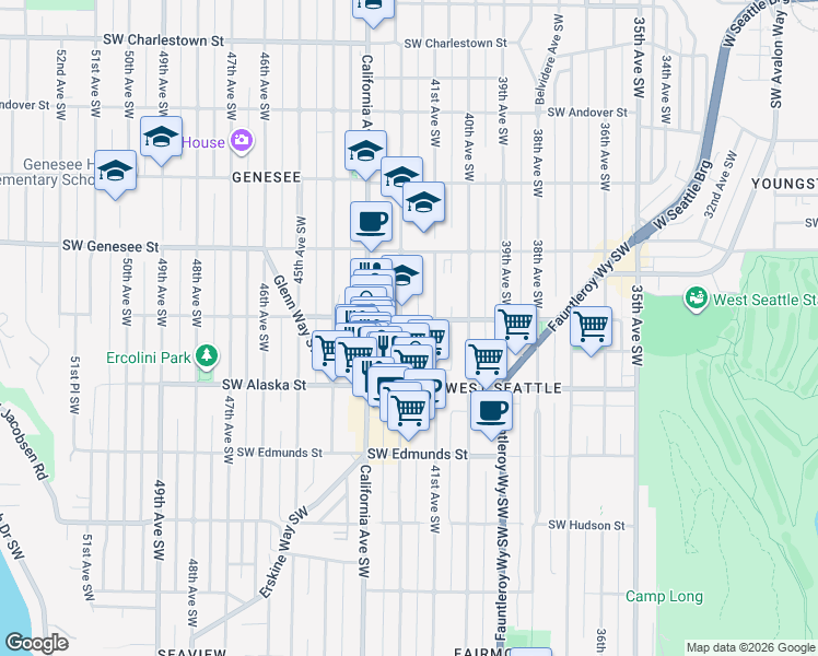 map of restaurants, bars, coffee shops, grocery stores, and more near 4502 42nd Avenue Southwest in Seattle