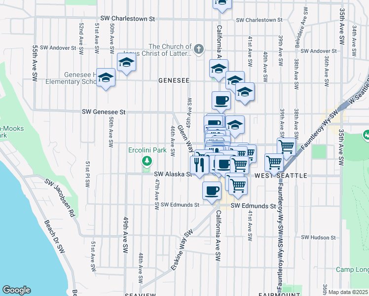 map of restaurants, bars, coffee shops, grocery stores, and more near 4507 45th Avenue Southwest in Seattle