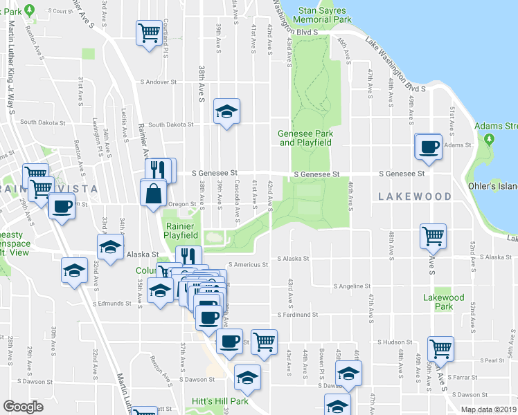 map of restaurants, bars, coffee shops, grocery stores, and more near 4502 41st Avenue South in Seattle