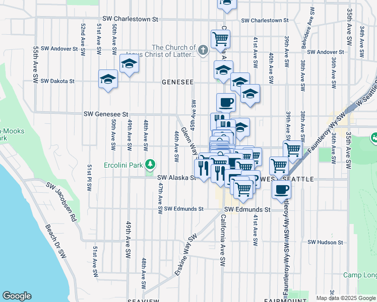 map of restaurants, bars, coffee shops, grocery stores, and more near 4507 45th Avenue Southwest in Seattle