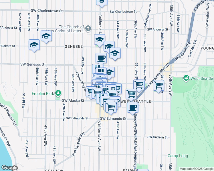 map of restaurants, bars, coffee shops, grocery stores, and more near 4528 California Avenue Southwest in Seattle