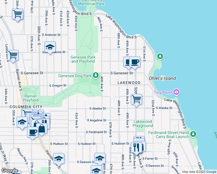 map of restaurants, bars, coffee shops, grocery stores, and more near 4532 46th Avenue South in Seattle