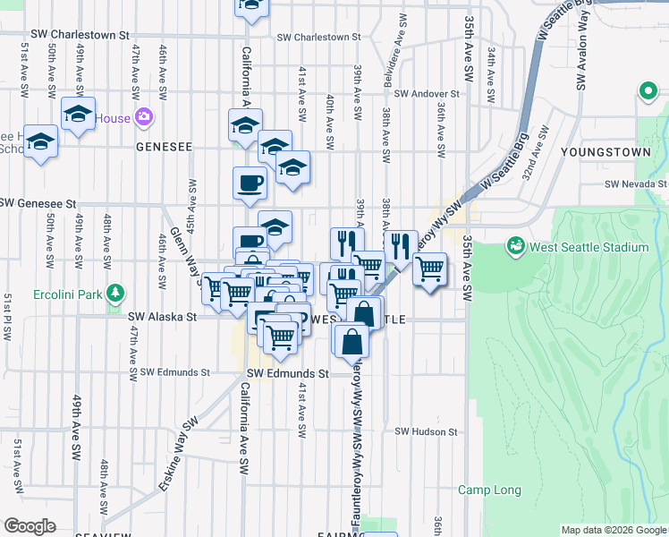 map of restaurants, bars, coffee shops, grocery stores, and more near 4555 39th Avenue Southwest in Seattle