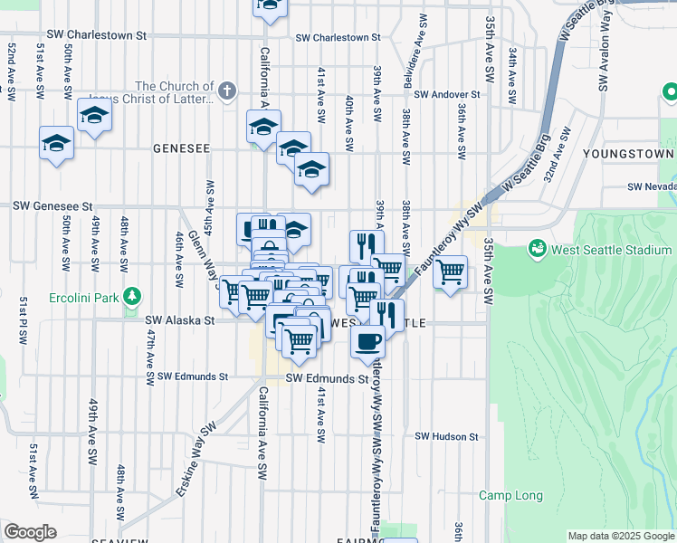 map of restaurants, bars, coffee shops, grocery stores, and more near 4529 40th Avenue Southwest in Seattle
