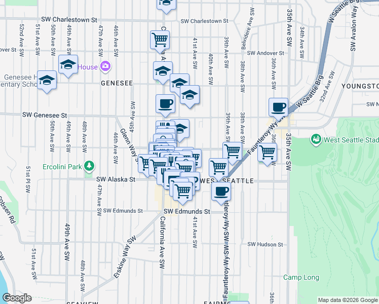 map of restaurants, bars, coffee shops, grocery stores, and more near 4532 42nd Avenue Southwest in Seattle