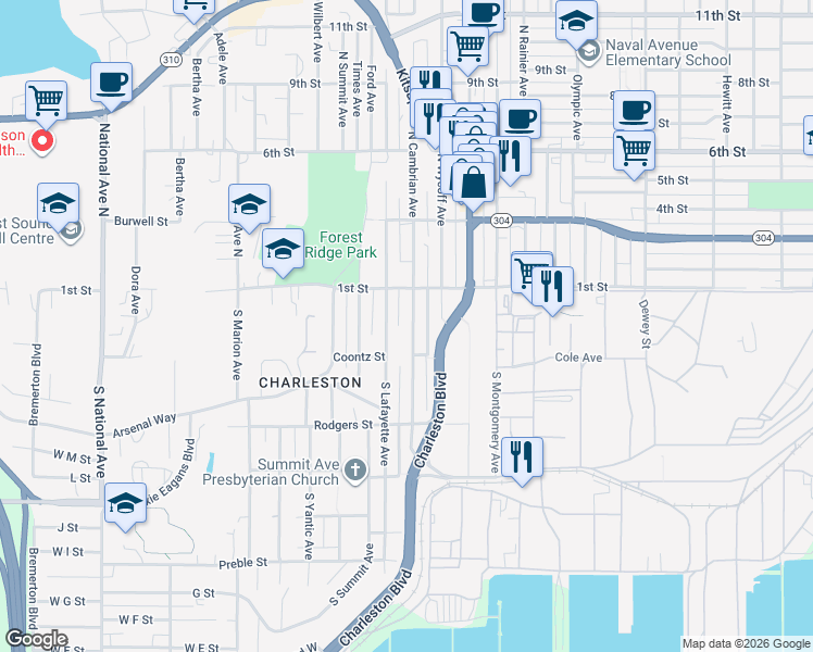 map of restaurants, bars, coffee shops, grocery stores, and more near 146 South Lafayette Avenue in Bremerton