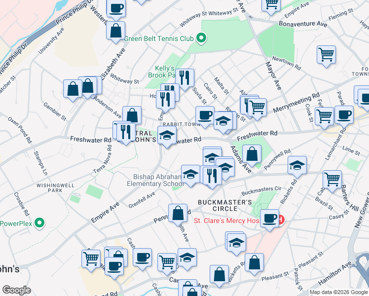 map of restaurants, bars, coffee shops, grocery stores, and more near 189 Freshwater Road in St. John's