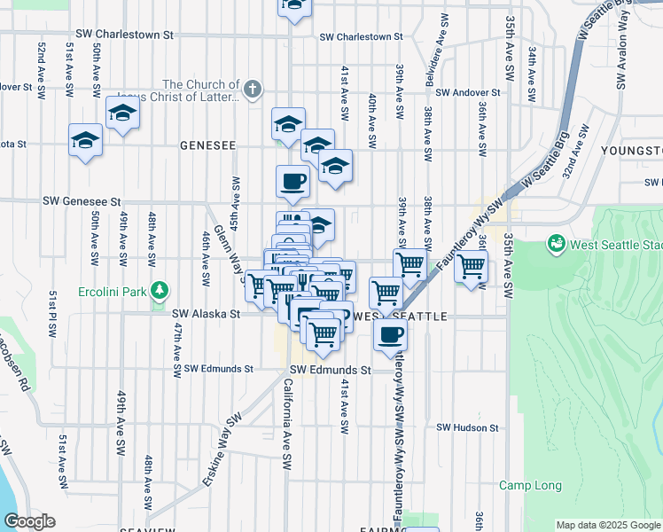 map of restaurants, bars, coffee shops, grocery stores, and more near 4502 42nd Avenue Southwest in Seattle
