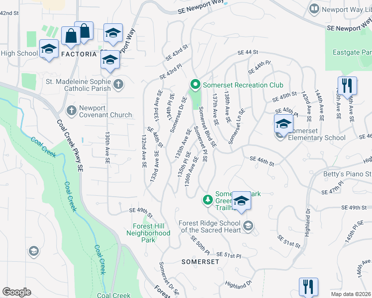map of restaurants, bars, coffee shops, grocery stores, and more near 4619 136th Avenue Southeast in Bellevue