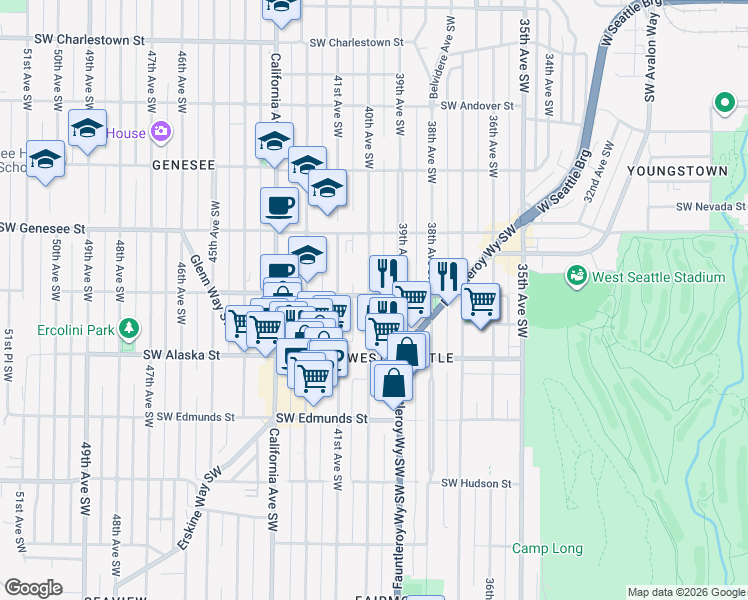 map of restaurants, bars, coffee shops, grocery stores, and more near 4555 39th Avenue Southwest in Seattle