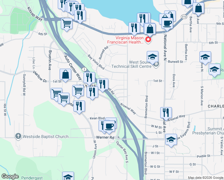 map of restaurants, bars, coffee shops, grocery stores, and more near 4558 Abalone Street in Bremerton
