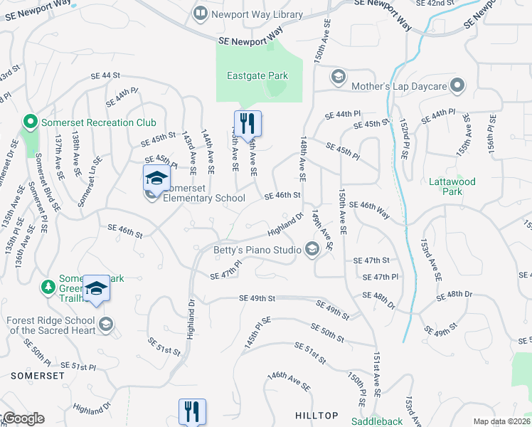 map of restaurants, bars, coffee shops, grocery stores, and more near 14606 Southeast 46th Street in Bellevue