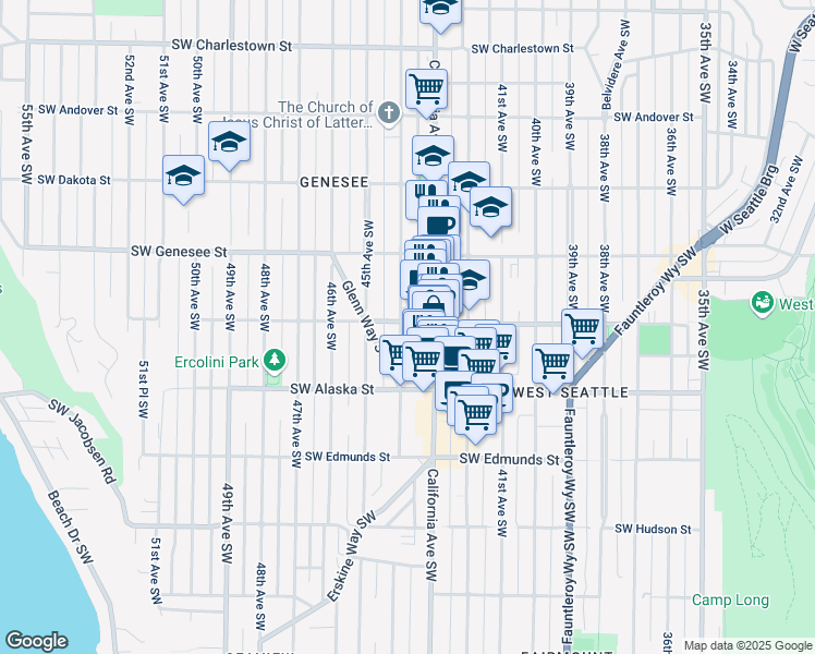 map of restaurants, bars, coffee shops, grocery stores, and more near 4319 Southwest Oregon Street in Seattle