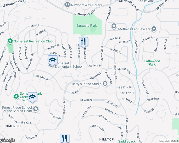 map of restaurants, bars, coffee shops, grocery stores, and more near 14606 Southeast 46th Street in Bellevue