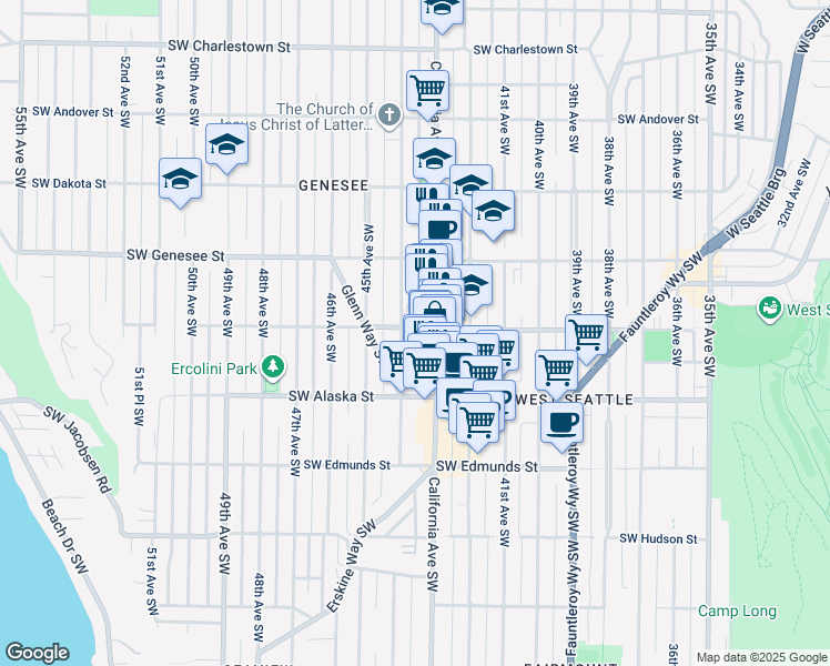 map of restaurants, bars, coffee shops, grocery stores, and more near 4315 Southwest Oregon Street in Seattle