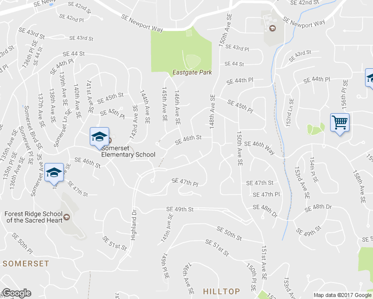 map of restaurants, bars, coffee shops, grocery stores, and more near 4624 146th Place Southeast in Bellevue