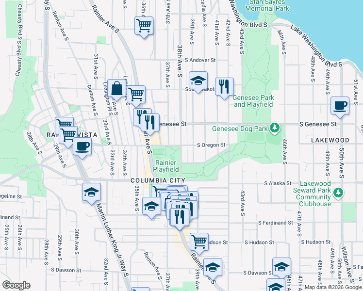 map of restaurants, bars, coffee shops, grocery stores, and more near 38th Avenue South & South Oregon Street in Seattle