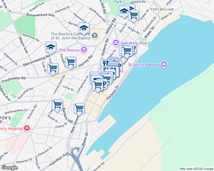 map of restaurants, bars, coffee shops, grocery stores, and more near 256 Water Street in St. John's