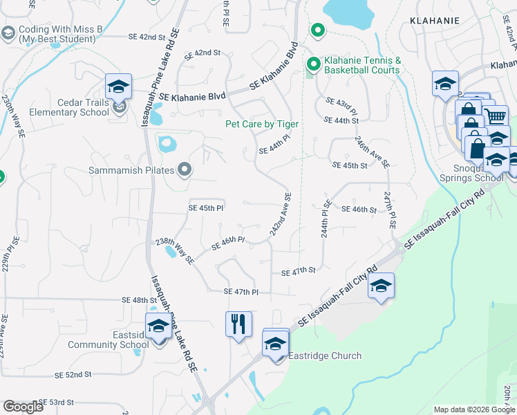 map of restaurants, bars, coffee shops, grocery stores, and more near 24140 Southeast 45th Place in Issaquah