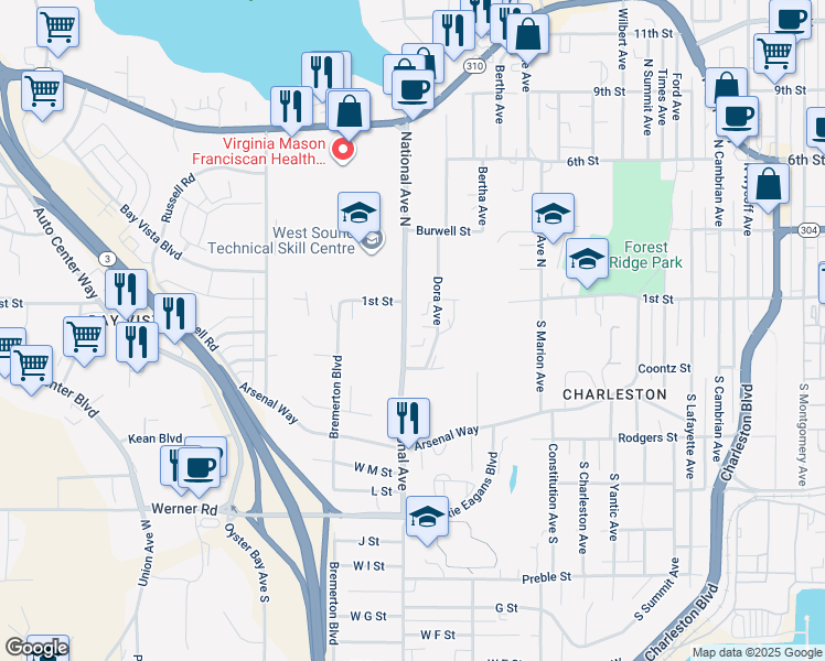 map of restaurants, bars, coffee shops, grocery stores, and more near 122 South National Avenue in Bremerton