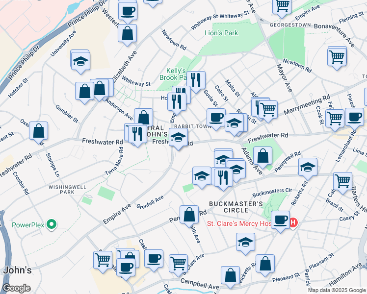map of restaurants, bars, coffee shops, grocery stores, and more near 197 Freshwater Road in St. John's