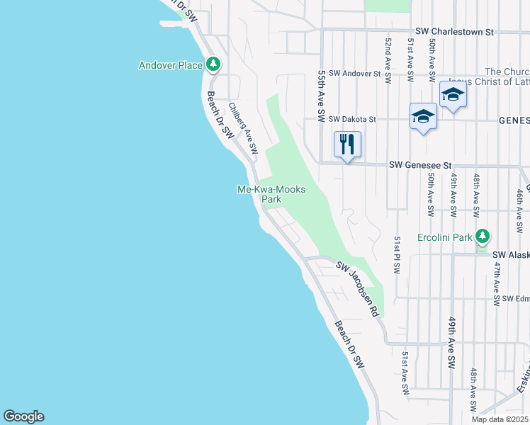 map of restaurants, bars, coffee shops, grocery stores, and more near 4503 Beach Drive Southwest in Seattle