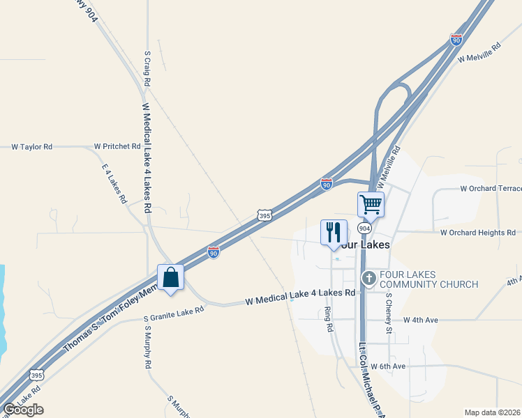 map of restaurants, bars, coffee shops, grocery stores, and more near 13410 West 1st Street in Cheney