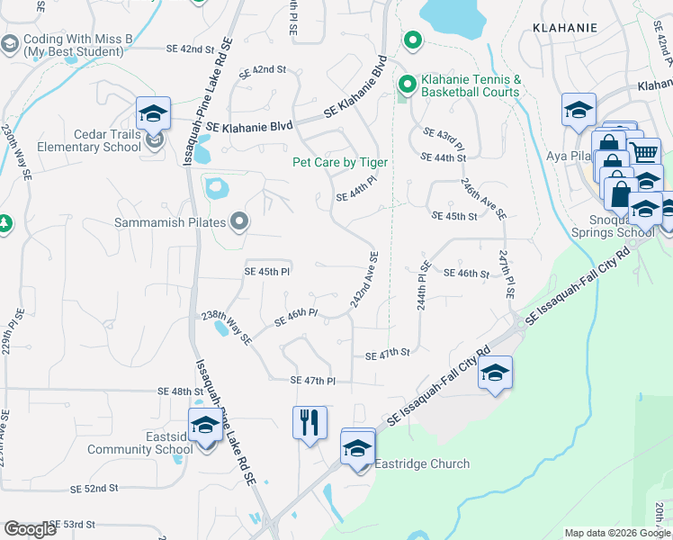 map of restaurants, bars, coffee shops, grocery stores, and more near 24140 Southeast 45th Place in Issaquah