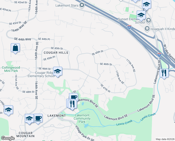 map of restaurants, bars, coffee shops, grocery stores, and more near 4550 169th Place Southeast in Bellevue