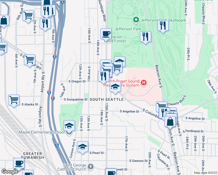 map of restaurants, bars, coffee shops, grocery stores, and more near in Seattle