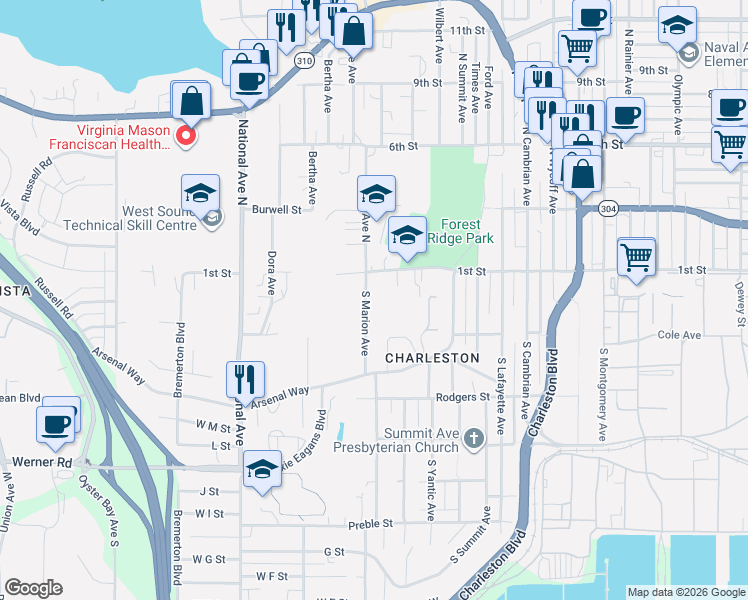 map of restaurants, bars, coffee shops, grocery stores, and more near in Bremerton