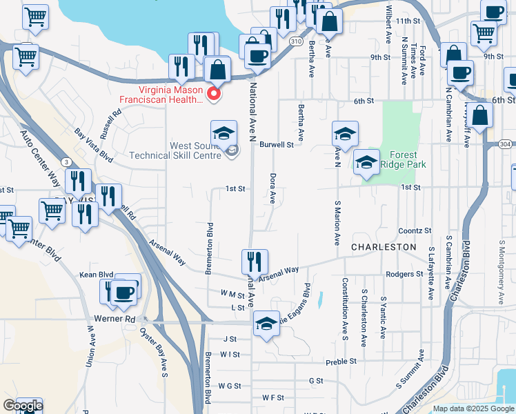 map of restaurants, bars, coffee shops, grocery stores, and more near 122 South National Avenue in Bremerton