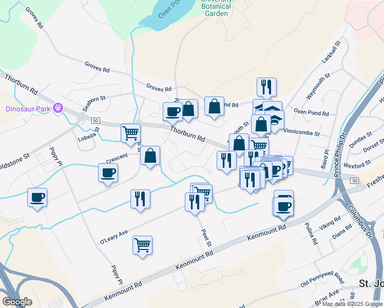 map of restaurants, bars, coffee shops, grocery stores, and more near Moss Heather Drive in St. John's