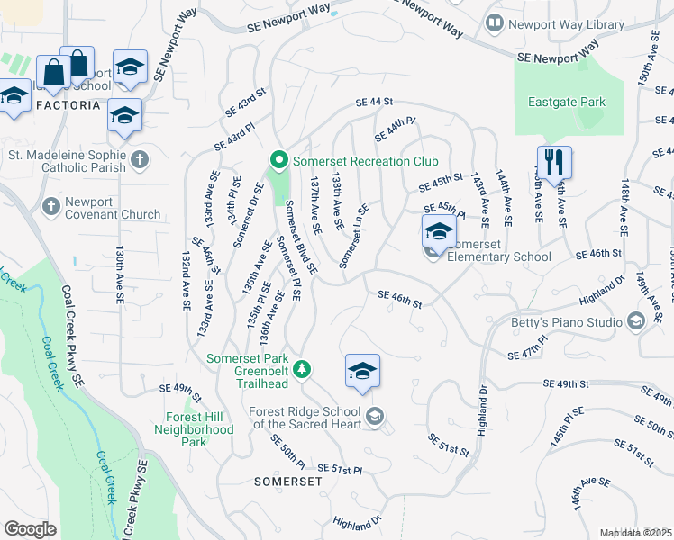 map of restaurants, bars, coffee shops, grocery stores, and more near 13610 Somerset Lane Southeast in Bellevue