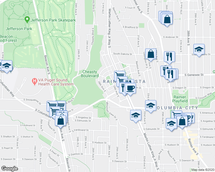 map of restaurants, bars, coffee shops, grocery stores, and more near 4355 Jill Place South in Seattle