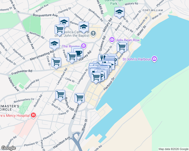 map of restaurants, bars, coffee shops, grocery stores, and more near 11 Boggan Street in St. John's