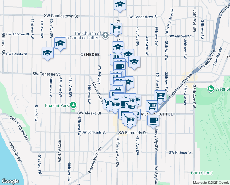 map of restaurants, bars, coffee shops, grocery stores, and more near 4308 Southwest Oregon Street in Seattle