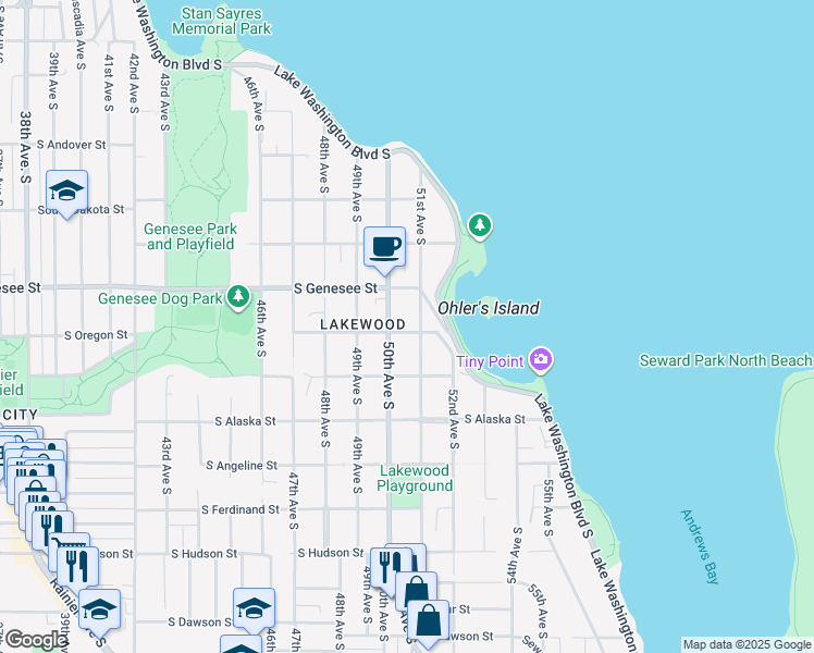 map of restaurants, bars, coffee shops, grocery stores, and more near 4421 51st Avenue South in Seattle