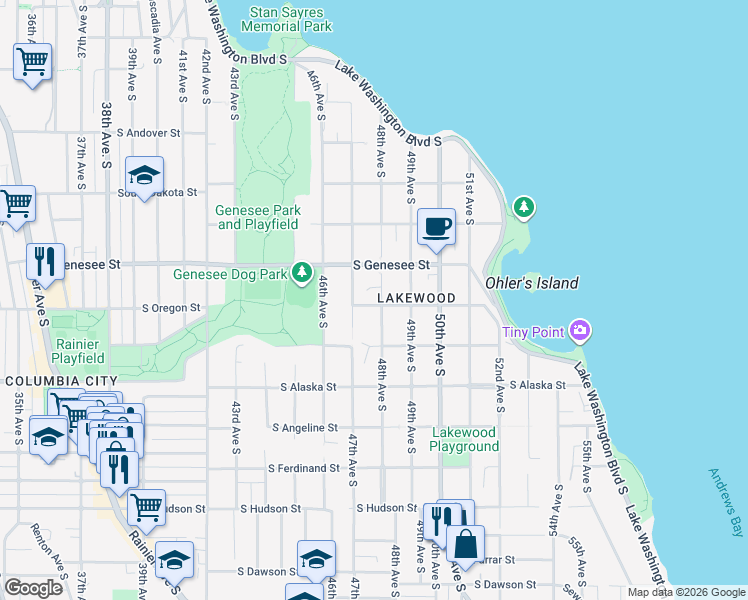 map of restaurants, bars, coffee shops, grocery stores, and more near 4414 47th Avenue South in Seattle