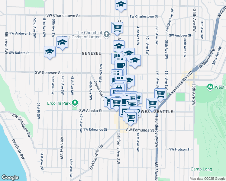 map of restaurants, bars, coffee shops, grocery stores, and more near 4444 44th Avenue Southwest in Seattle