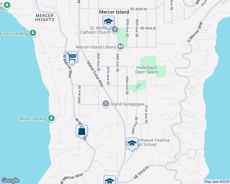 map of restaurants, bars, coffee shops, grocery stores, and more near 4615 88th Avenue Southeast in Mercer Island