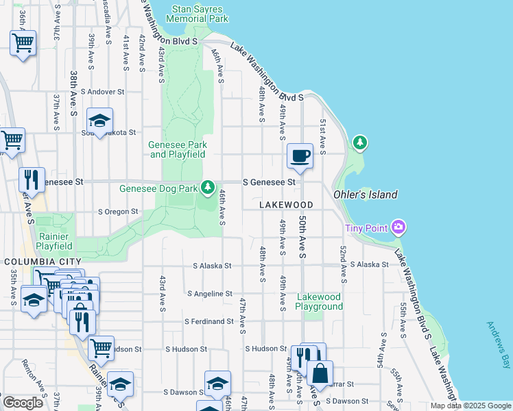 map of restaurants, bars, coffee shops, grocery stores, and more near 4414 47th Avenue South in Seattle