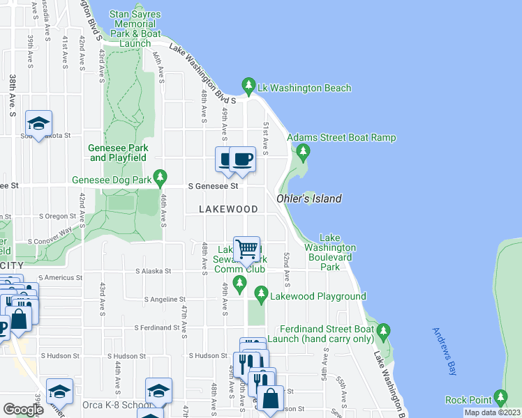 map of restaurants, bars, coffee shops, grocery stores, and more near 4421 51st Avenue South in Seattle